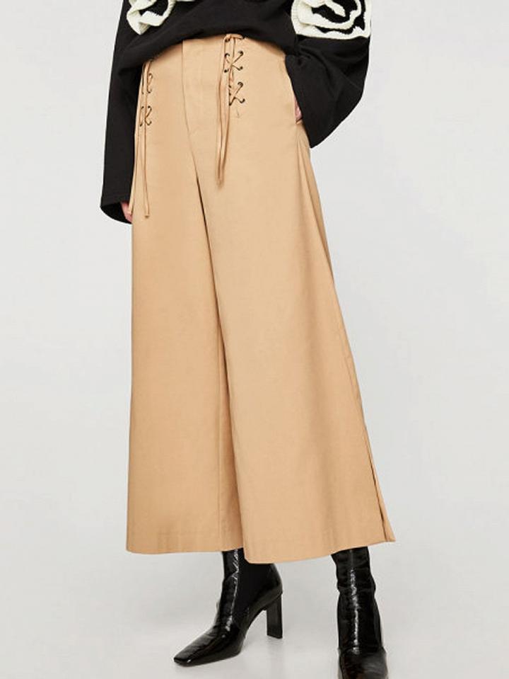 Choies Khaki Lace Up Front Wide Leg Pants