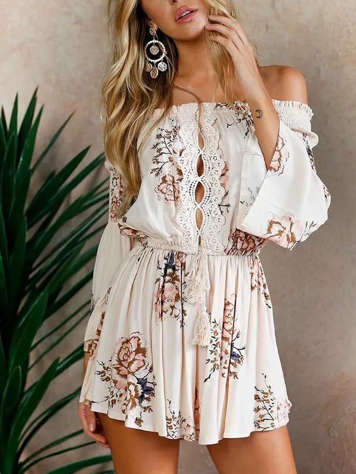 Choies Polychrome Off Shoulder Tie Waist Flared Sleeve Romper Playsuit