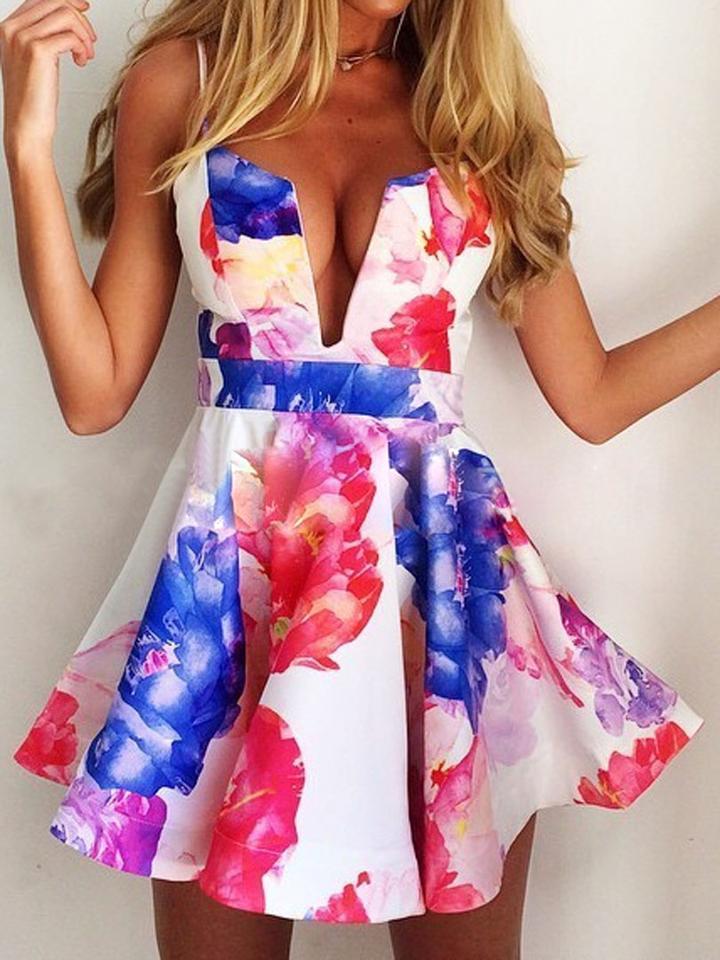 Choies Multicolor Floral Print Spaghetti Strap Plunge Neck Skater Dress