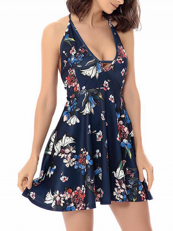 Choies Navy Blue Halter Plunge Floral Print Open Back Skater Dress