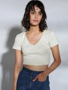 Choies Beige V-neck Short Sleeve Cropped T-shirt