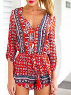 Choies Red V-neck Tribe Pattern 3/4 Sleeve Romper Playsuit