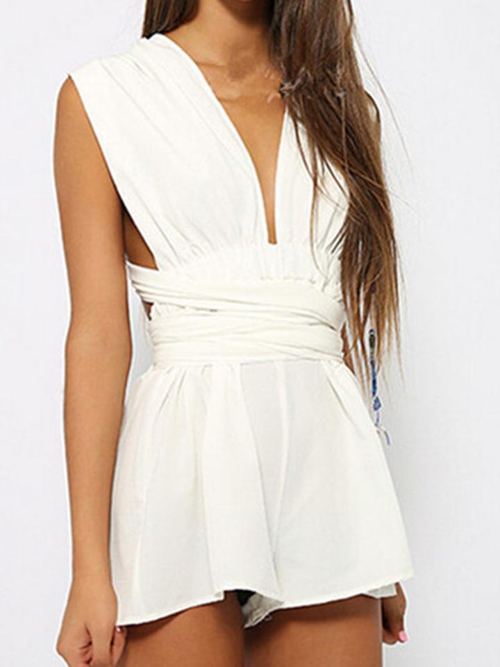 Choies White Deep V Neck Cross Back Jumpsuit