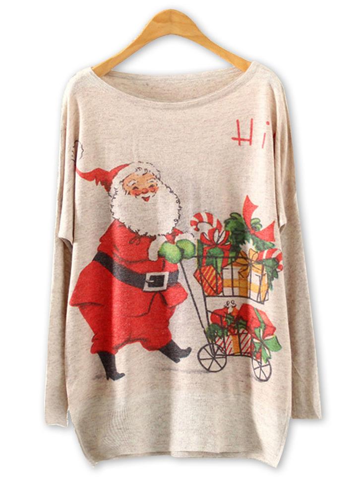 Choies Beige Bat Sleeve Santa Claus's Gifts Knitted Sweater