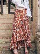Choies Polychrome Floral Elastic Waist Ruffle Dipped Hem Skirt
