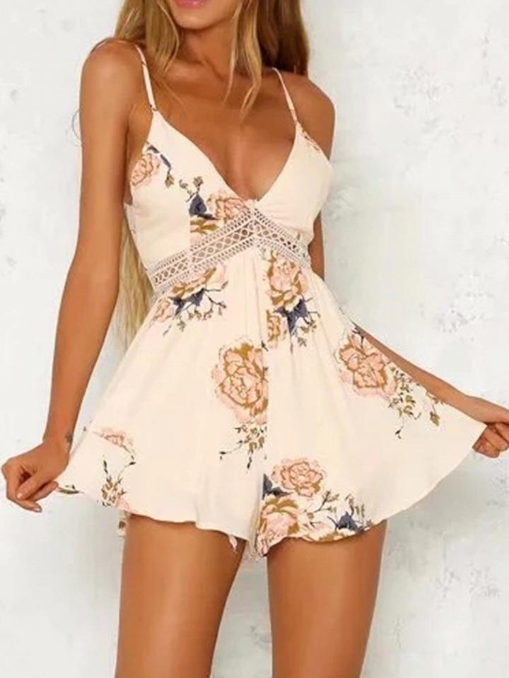 Choies Beige Chiffon Plunge Floral Print Tie Back Chic Women Cami Playsuit