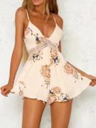 Choies Beige Chiffon Plunge Floral Print Tie Back Chic Women Cami Playsuit