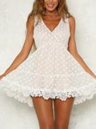 Choies Beige Plunge Polka Dot Open Back Mesh Panel Trim Mini Dress