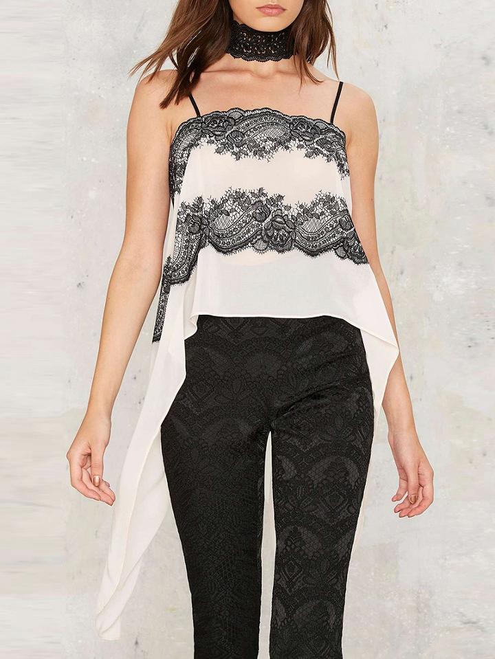 Choies Cream Lace Panel Lace Up Back Hi-lo Hem Cami Top