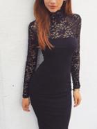Choies Black High Neck Lace Panel Long Sleeve Bodycon Midi Dress