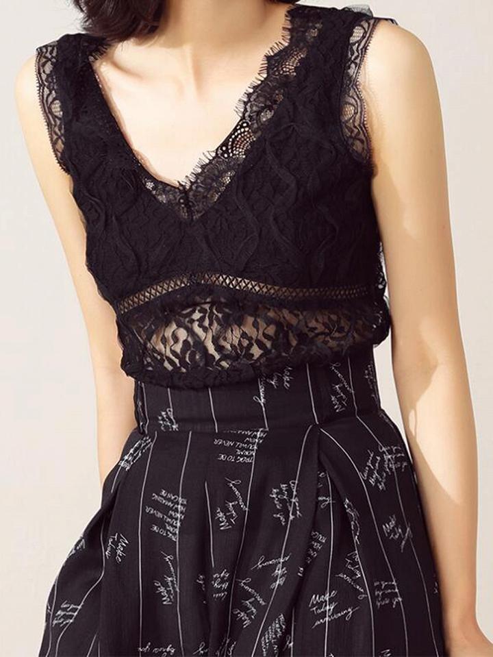 Choies Black V-neck Sleeveless Chic Women Sheer Lace Blouse