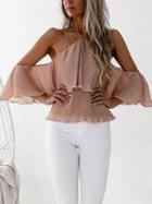 Choies Pink Cold Shoulder Halter Open Back Layered Chiffon Blouse