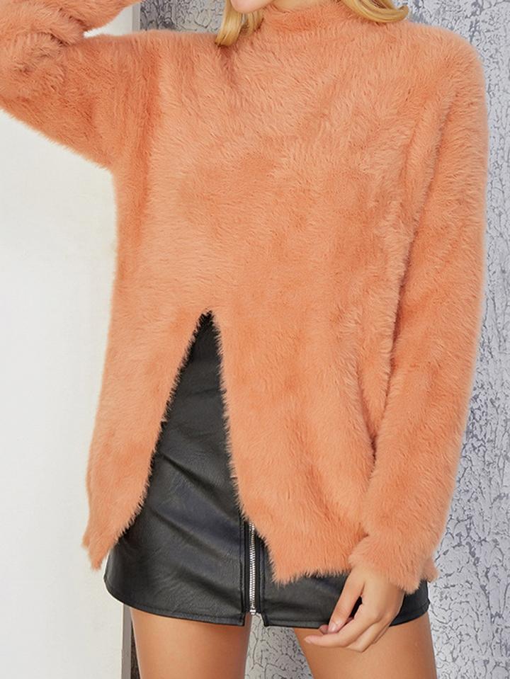Choies Orange High Neck Split Front Long Sleeve Chic Women Knit Sweater