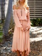 Choies Pink Off Shoulder Cut Out Drawstring Long Sleeve Hi-lo Dress