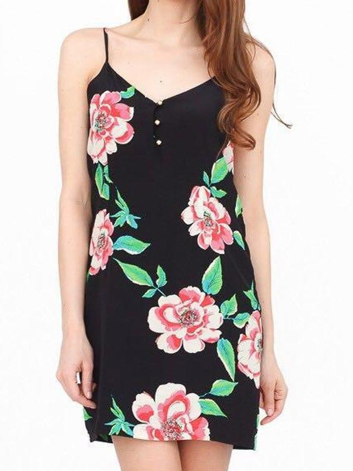 Choies Black V Neck Spaghetti Strap Floral Leaves Print Dress