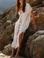 Choies White V-neck Floral Print Thigh Split Side Midi Dress