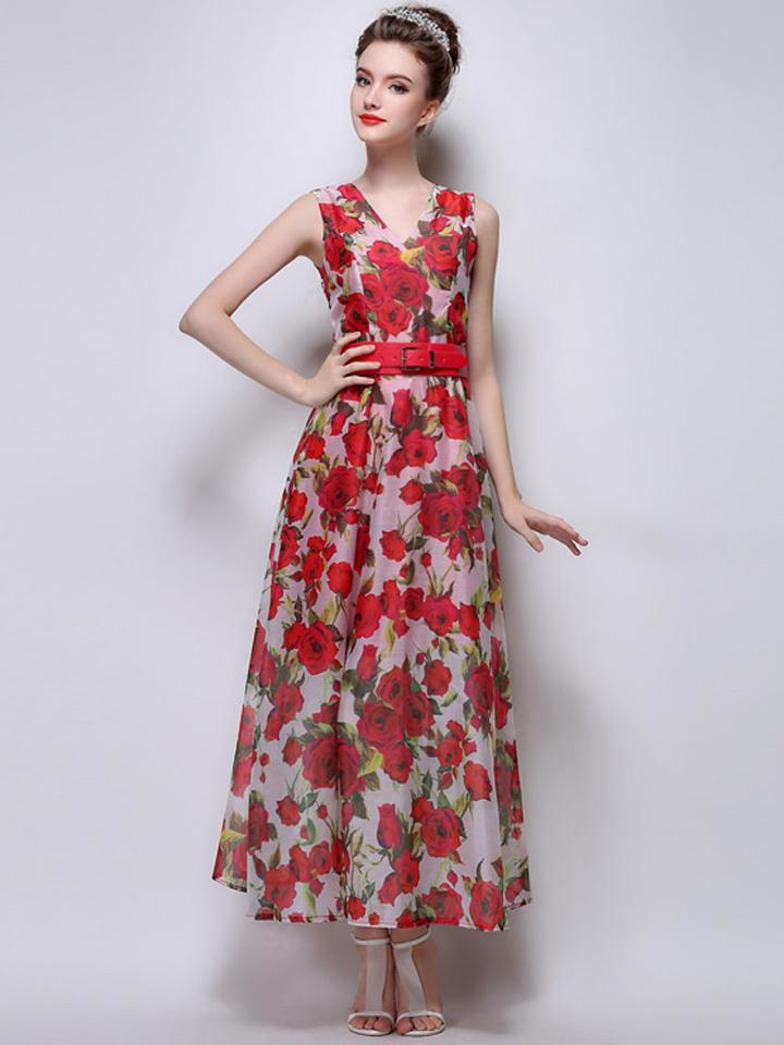 Choies Red Floral Leaves Print V Neck Maxi Dress And Belt