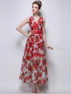 Choies Red Floral Leaves Print V Neck Maxi Dress And Belt