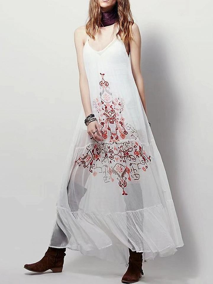 Choies White V-neck Geo-tribal Print Ruffle Hem Dress And Vest Lining