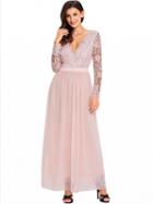Choies Pink Plunge Lace Panel Open Back Long Sleeve Maxi Dress