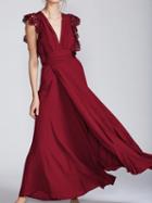 Choies Red Chiffon V-neck Lace Panel Tie Waist Chic Women Maxi Dress