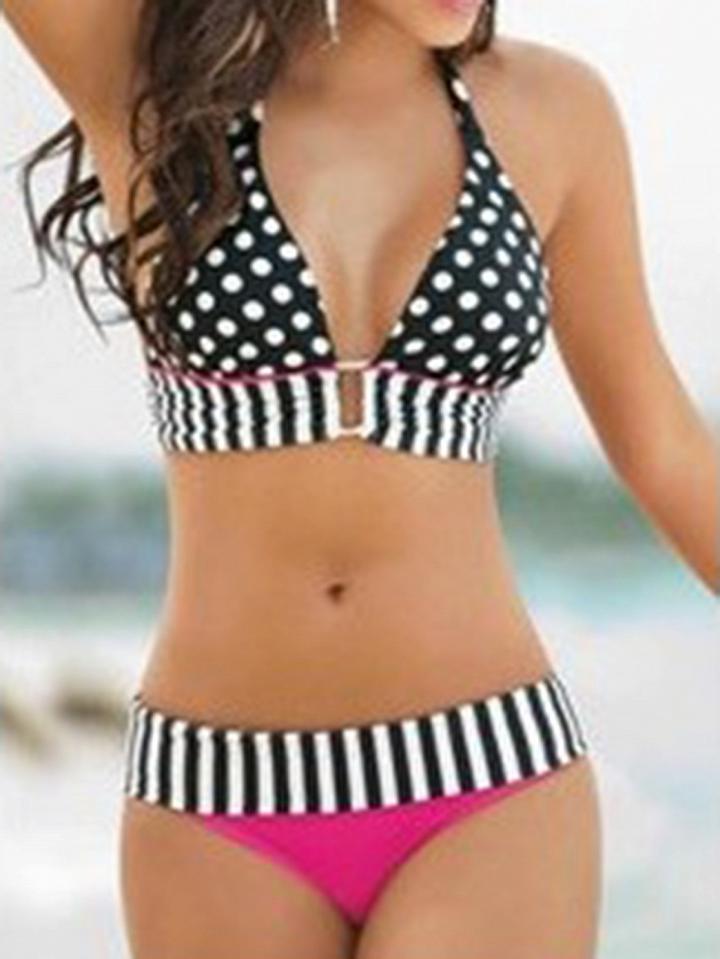 Choies Black Contrast Stripe Polka Dot Bikini Top And Bottom