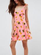 Choies Pink Pineapple Print Ruffle Strap Tie Back Skater Dress