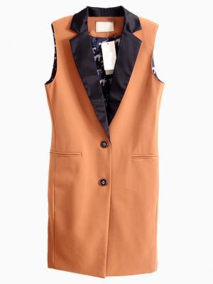 Choies Brown Longline Sleeveless Blazer With Contrast Lapel