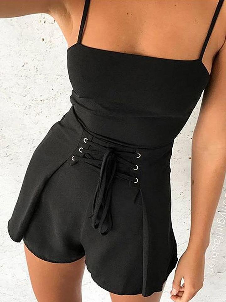 Choies Black Lace Up Corset Knot Back Cami Romper Playsuit