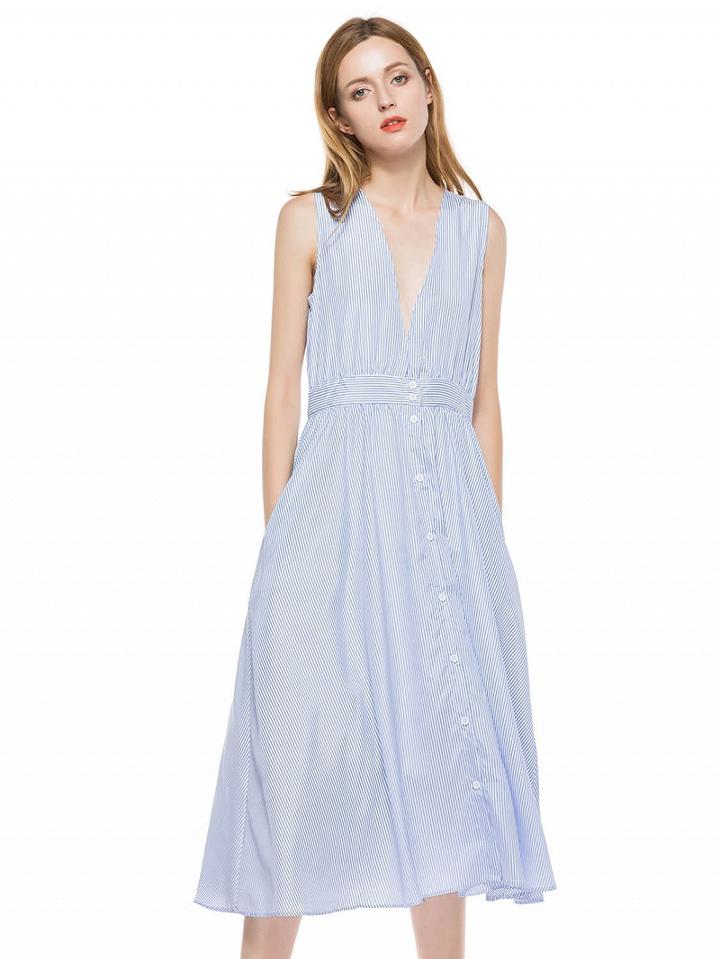 Choies Blue Striped Plunge Button Placket Sleeveless Midi Dress