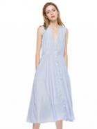 Choies Blue Striped Plunge Button Placket Sleeveless Midi Dress