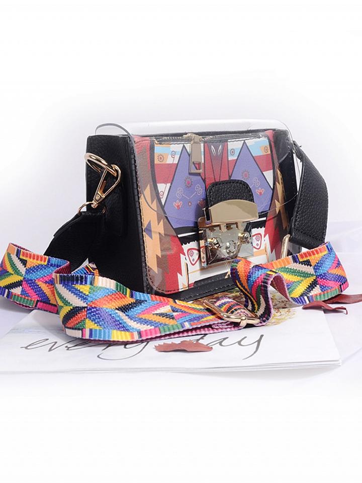 Choies Black Pu Print Detail Lock Catch Front Chic Women Shoulder Bag