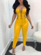 Choies Yellow Bandeau Lace Up Front Leather Look Jumpsuit