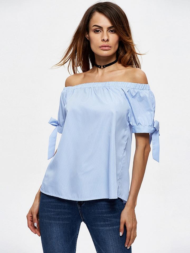 Choies Blue Off Shoulder Bow Detail Short Sleeve Blouse