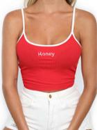 Choies Red Spaghetti Strap Embroidery Letter Crop Tank