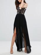 Choies Black Spaghetti Strap Plunge Lace Panel Thigh Split Maxi Dress