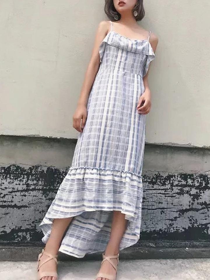 Choies Blue Stripe Ruffle Detail Spaghetti Strap Dipped Hem Maxi Dress