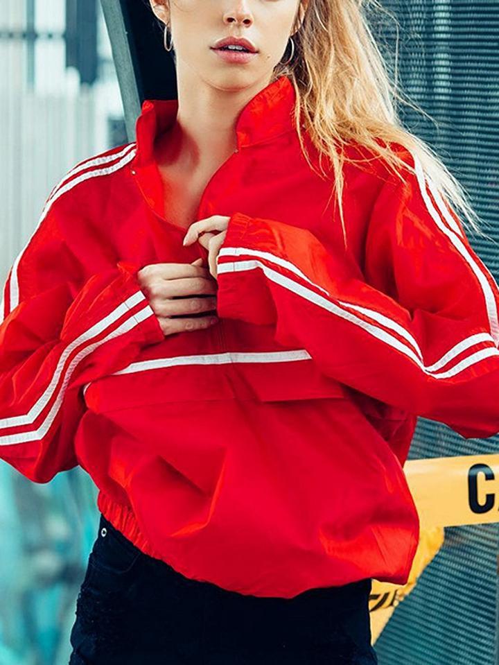 Choies Red Stripe High Neck Zip Front Long Sleeve Sweatshirt