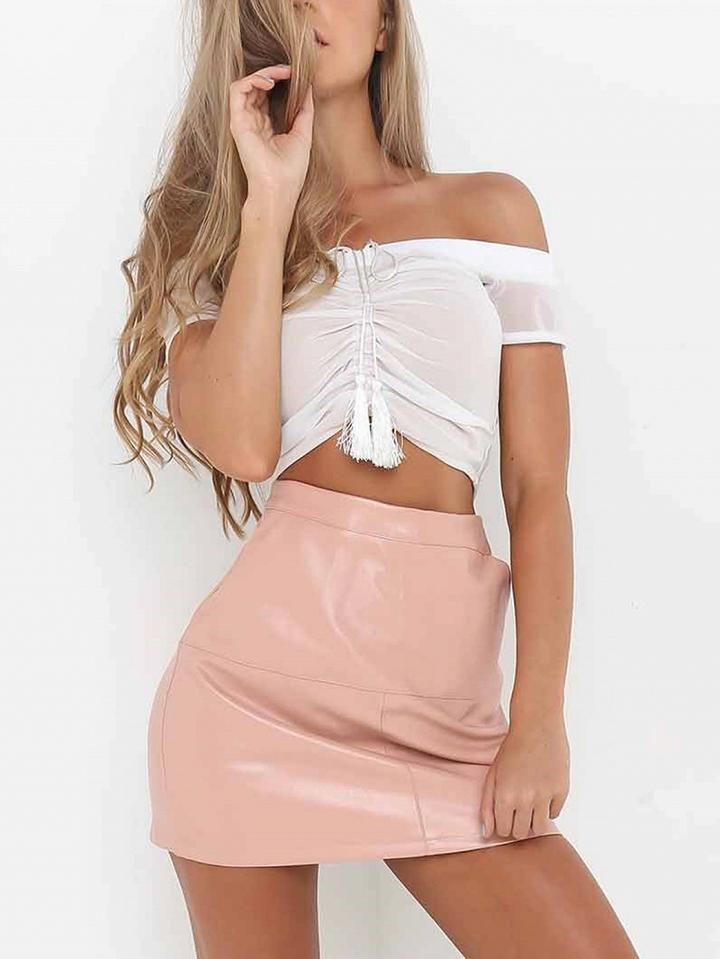 Choies White Off Shoulder Tie Front Ruched Detail Short Sleeve Crop Top