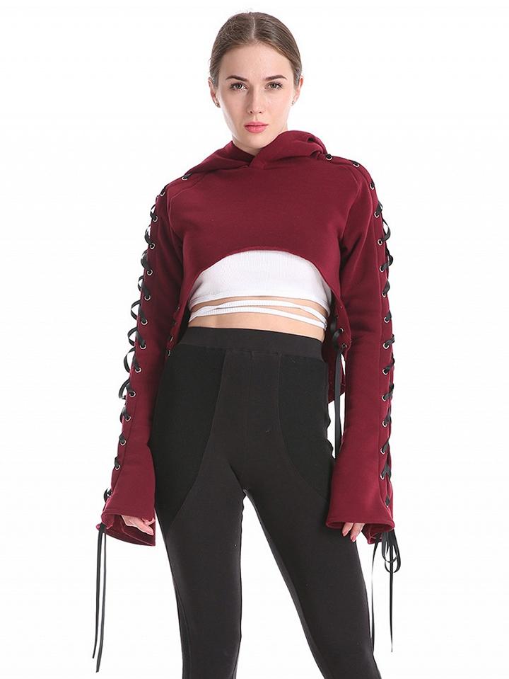Choies Burgundy Lace Up Detail Long Sleeve Crop Hoodie