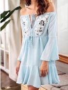 Choies Light Blue Chiffon Off Shoulder Applique Detail Chic Women Mini Dress