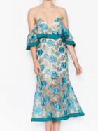 Choies Blue Cold Shoulder Ruffle Embroidery Sheer Lace Midi Dress