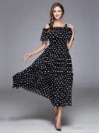 Choies Black Cold Shoulder Polka Dot Ruffle Detail Maxi Dress