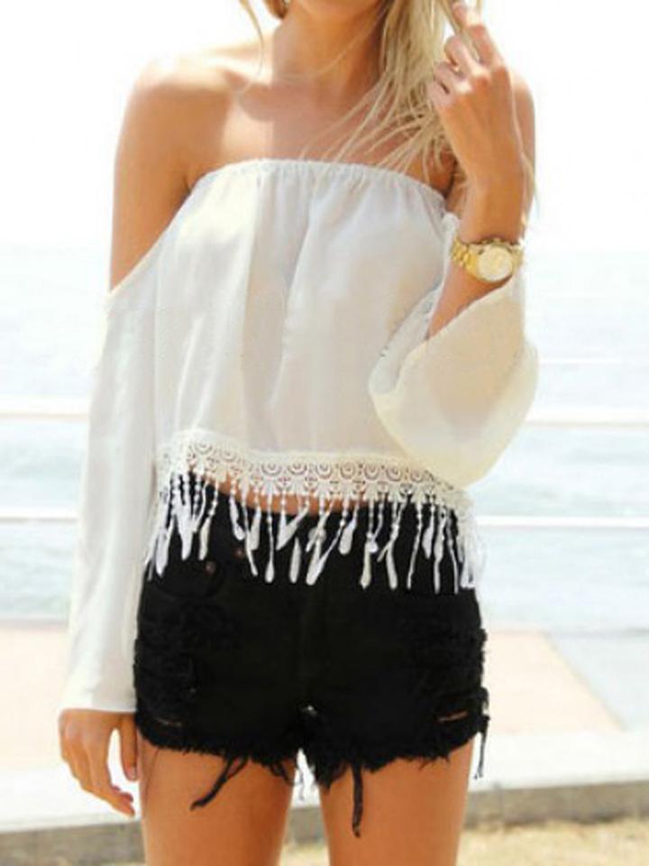 Choies White Off Shoulder Long Sleeve Tassel Hem Blouse