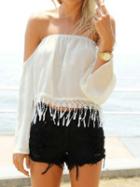 Choies White Off Shoulder Long Sleeve Tassel Hem Blouse