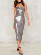 Choies Silver Metallic Ruched Plunge Cami Bodycon Midi Dress