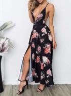 Choies Black Plunge Floral Print Cross Strap Back Thigh Split Jumpsuit