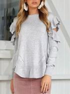 Choies Gray Cold Shoulder Ruffle Trim Long Sleeve Knit Sweater