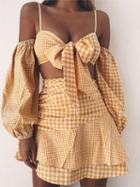 Choies Yellow Grid Chiffon Chic Women Cami Crop Top And High Waist Skirt