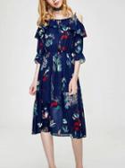 Choies Navy Floral Cold Shoulder Ruffle Trim Tie Front Midi Dress